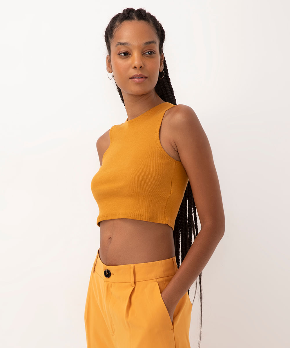 cropped de algodão halter neck marrom médio