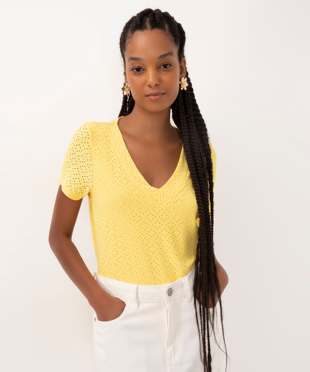 blusa de laise manga curta decote v amarelo