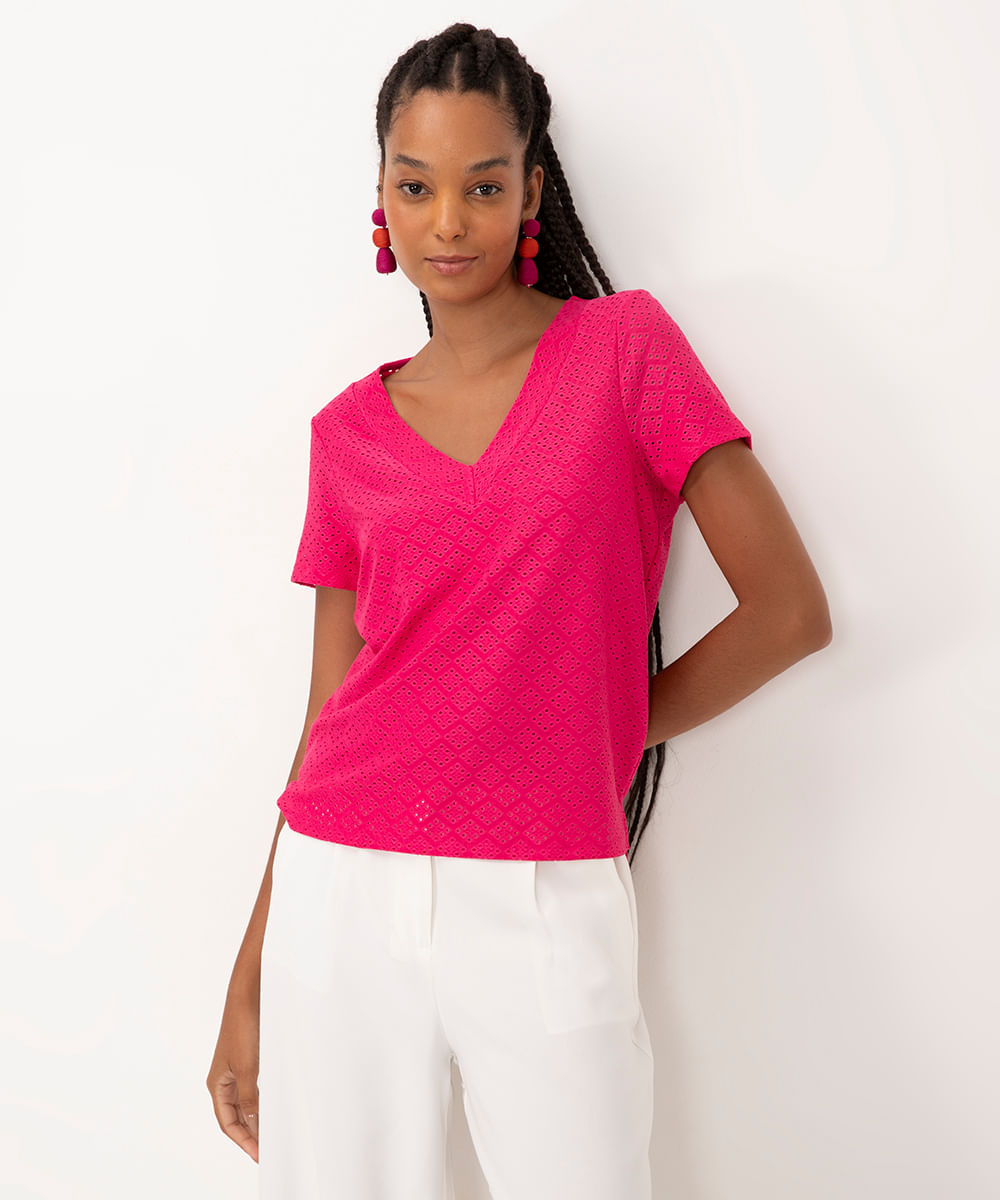 blusa de laise manga curta decote v pink