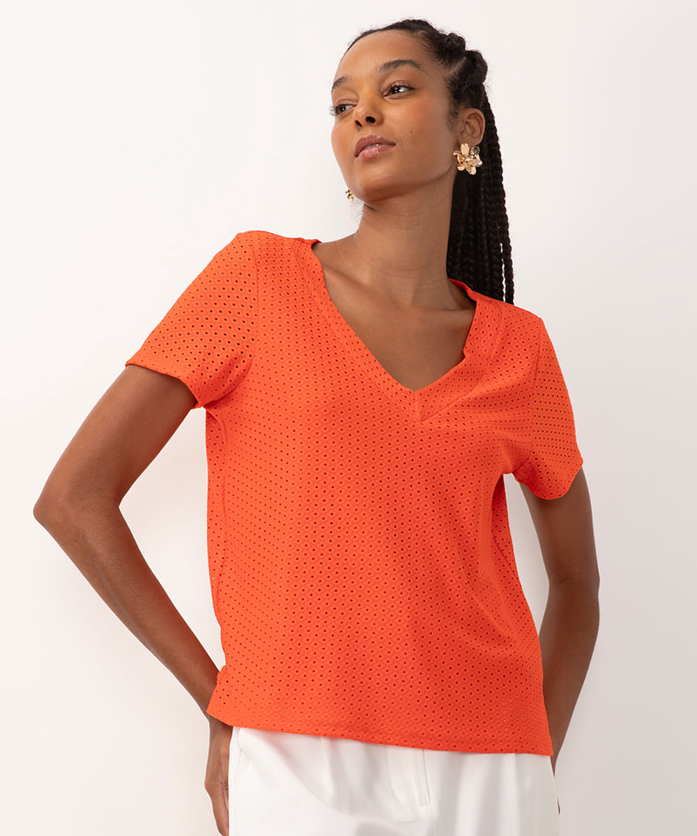 blusa de laise manga curta decote v laranja