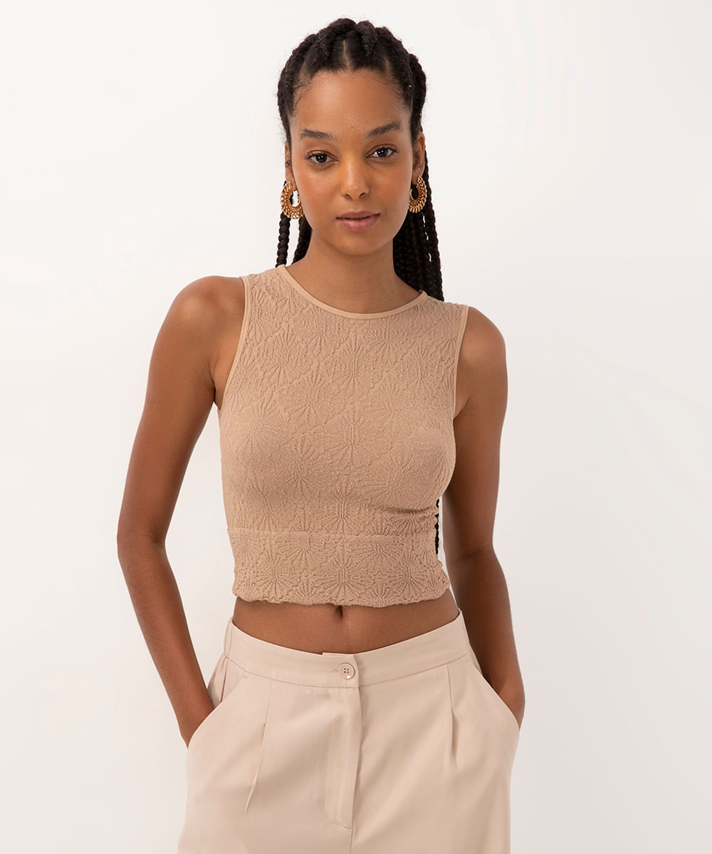 cropped texturizado halter neck alça média bege