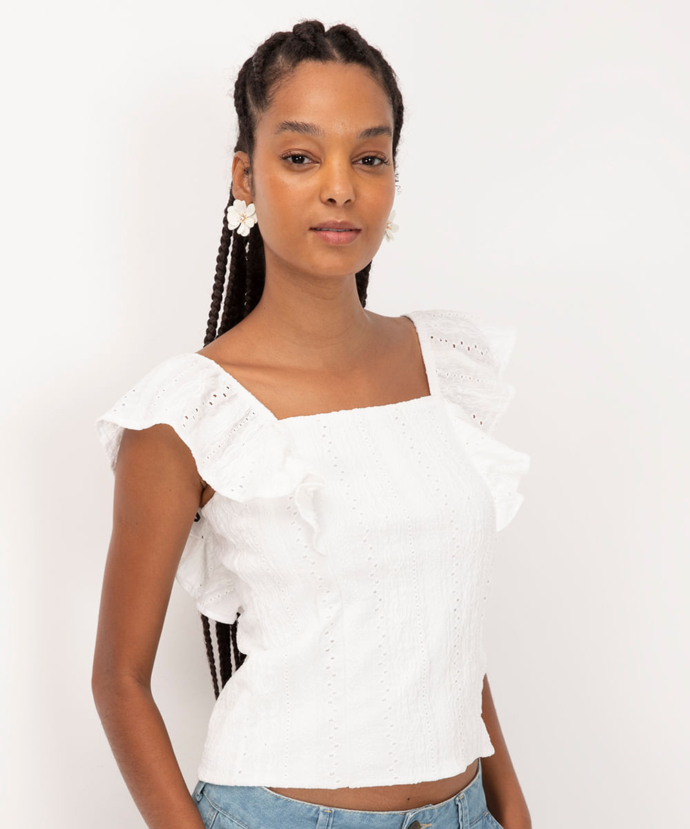 cropped de laise alças em babado off white