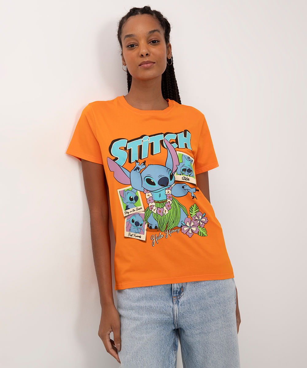 camiseta de algodão stitch florida manga curta laranja