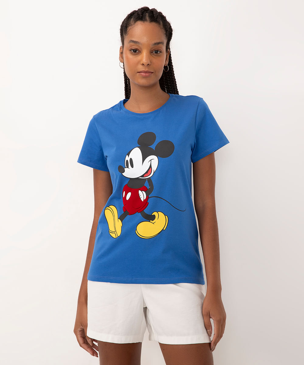 camiseta de algodão mickey flocada manga curta azul royal