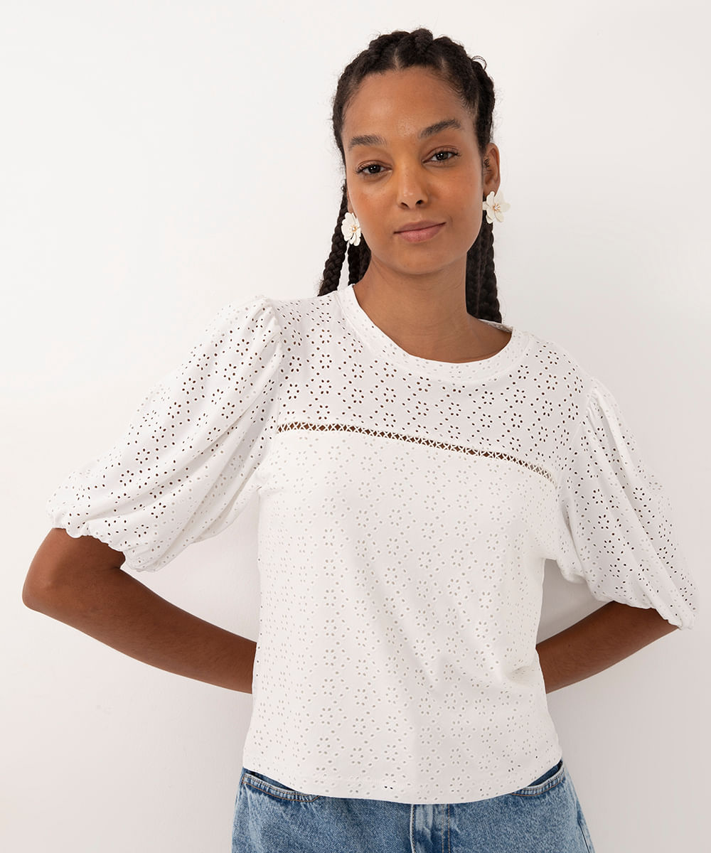 blusa de laise manga bufante off white