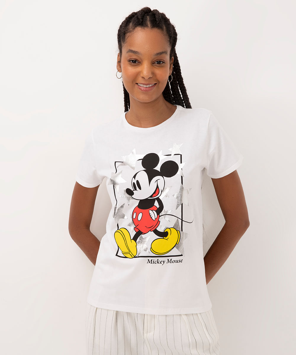 camiseta de algodão mickey estrelas manga curta off white