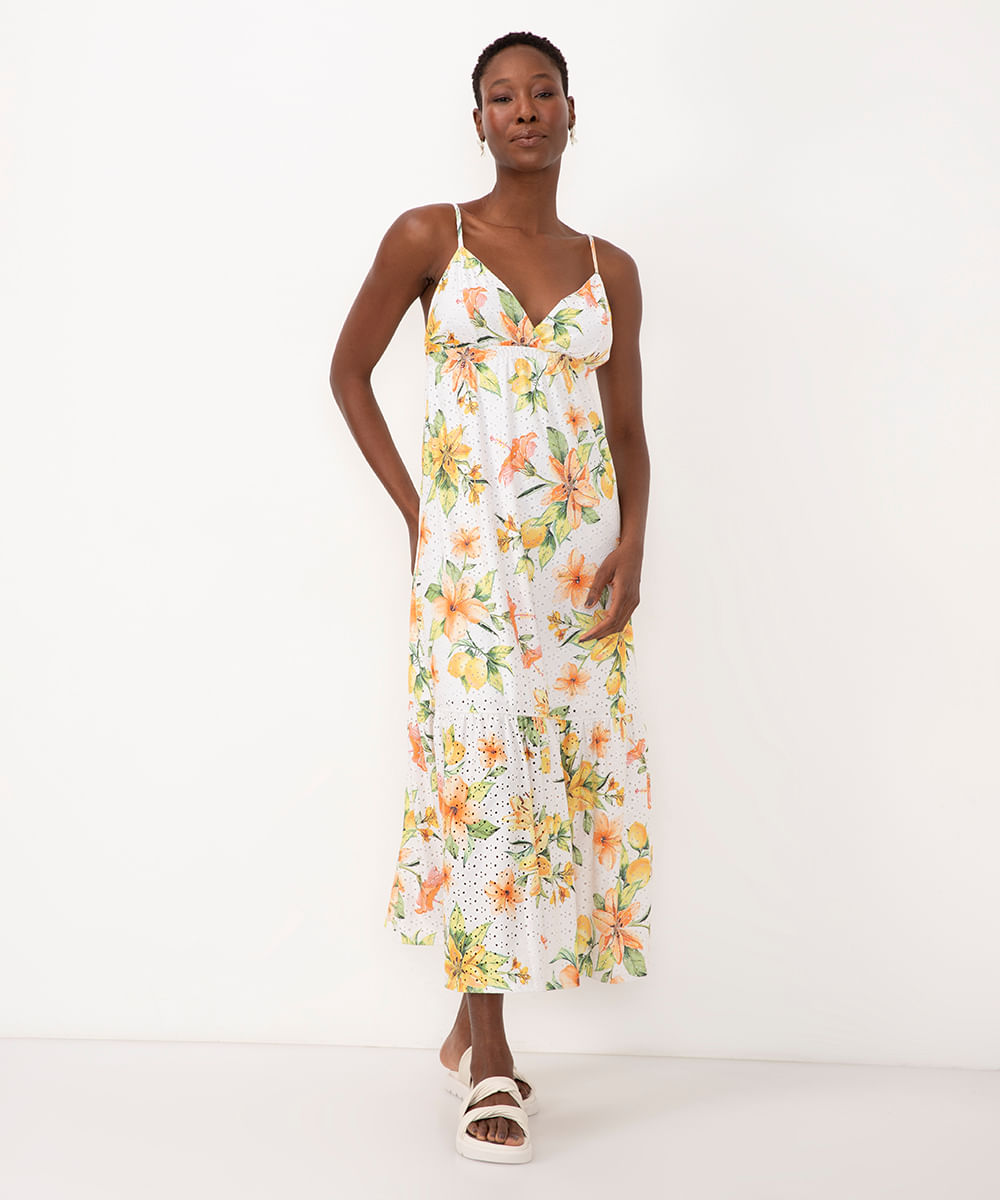 vestido midi de laise floral alça fina off white