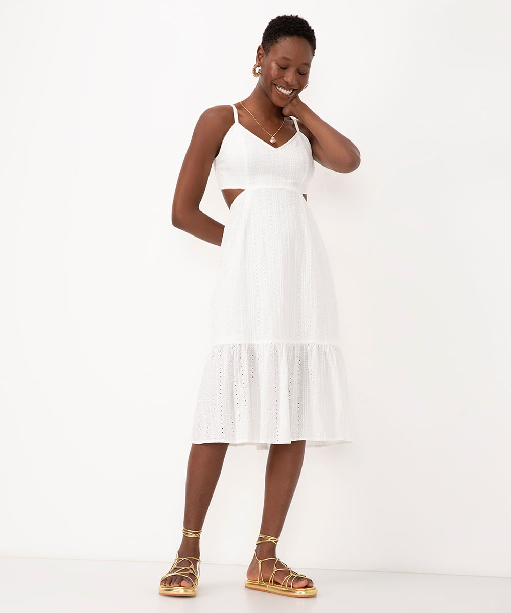 vestido midi de laise com amarração branco