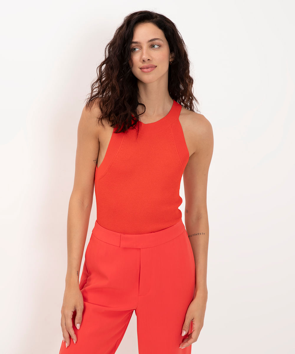 regata de tricô halter neck vermelho médio