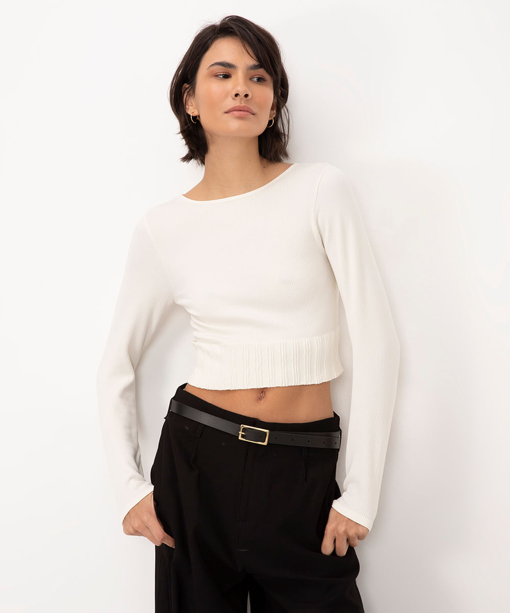 cropped canelado manga longa off white