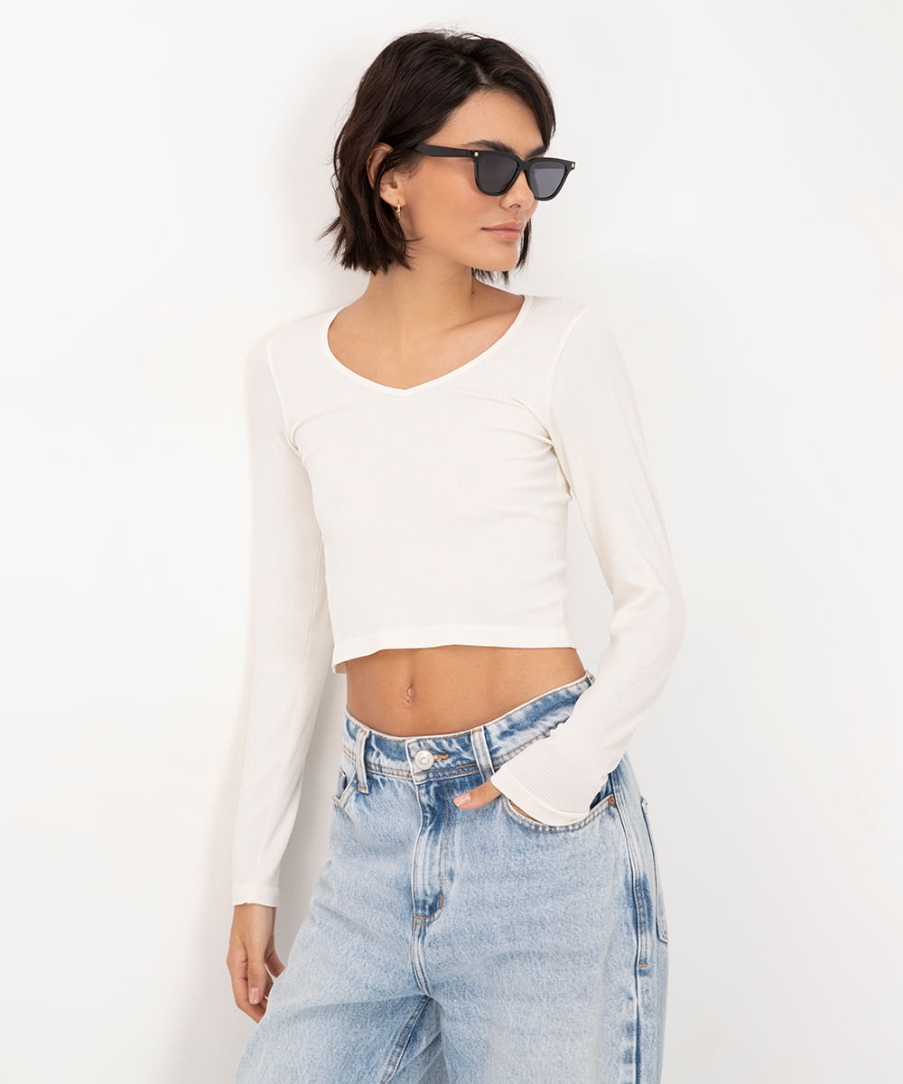 cropped canelado decote v manga longa off white