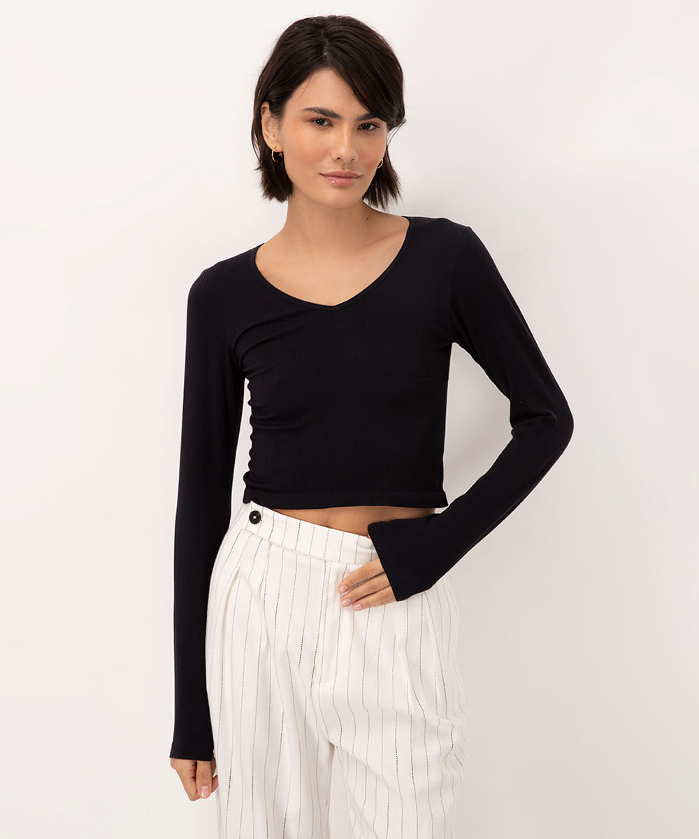 cropped canelado decote v manga longa preto