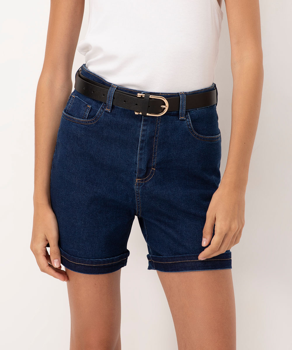 short jeans cintura alta com bolsos sawary azul médio