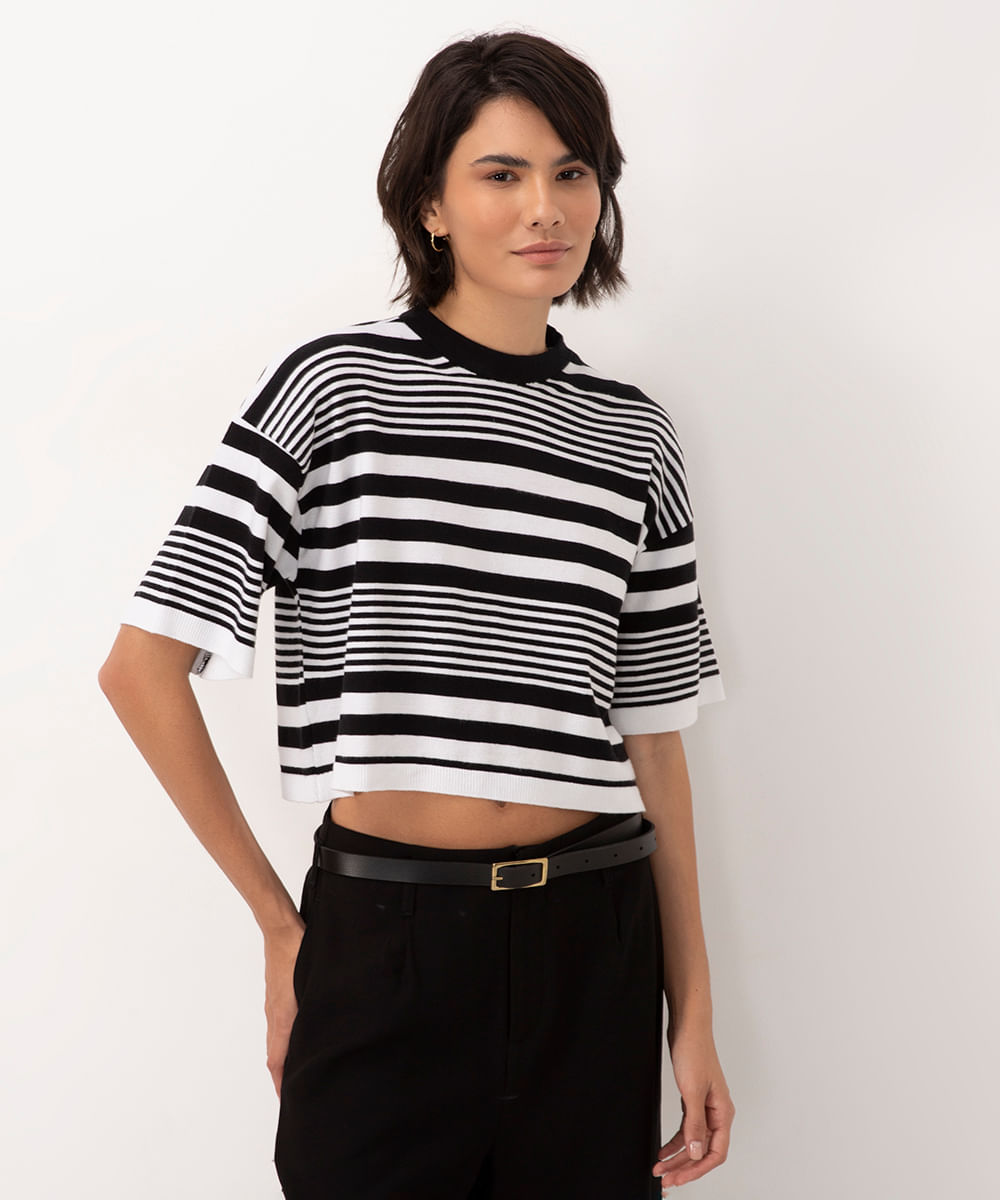 blusa de tricot listrada manga curta off white