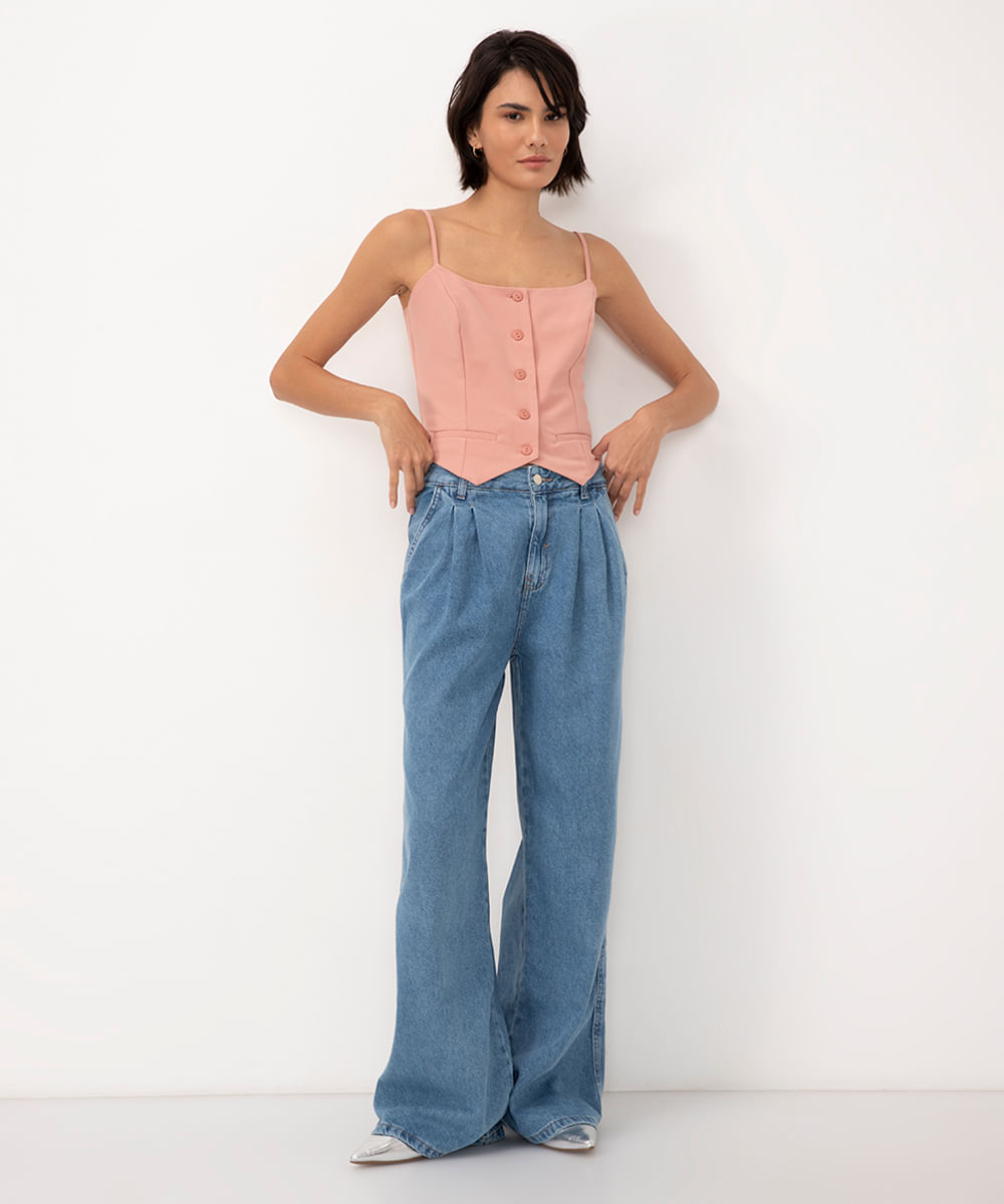 calça jeans wide leg cintura alta com bolsos azul médio - JEANS MEDIO