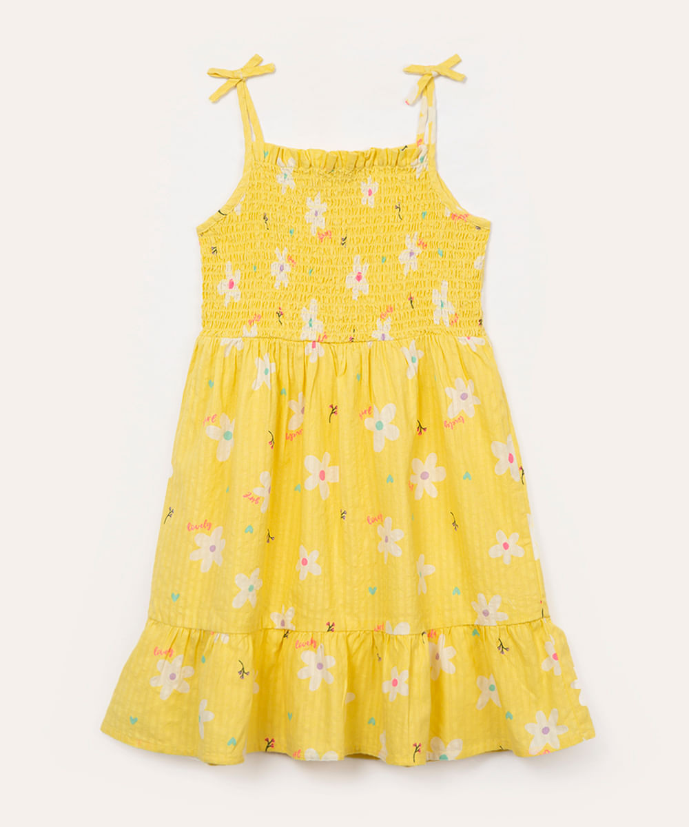 vestido de algodão infantil floral com laço amarelo