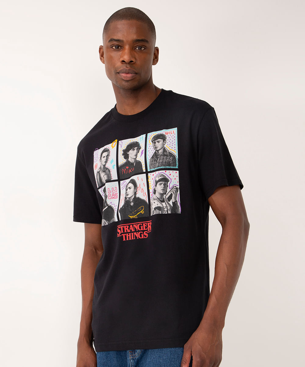 camiseta de algodão yearbook stranger things manga curta preto