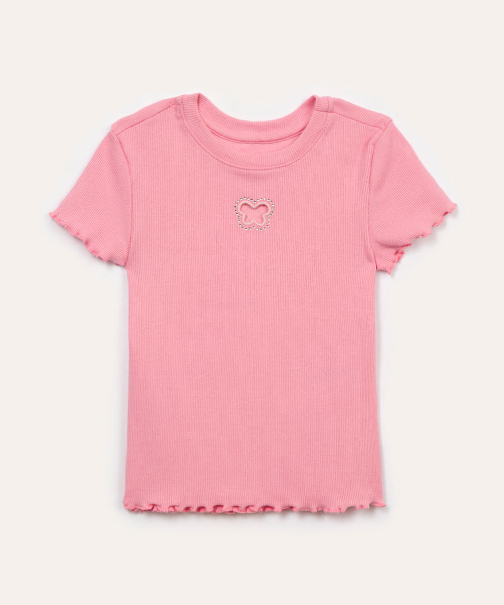 blusa de algodão infantil canelada borboleta com strass manga curta rosa