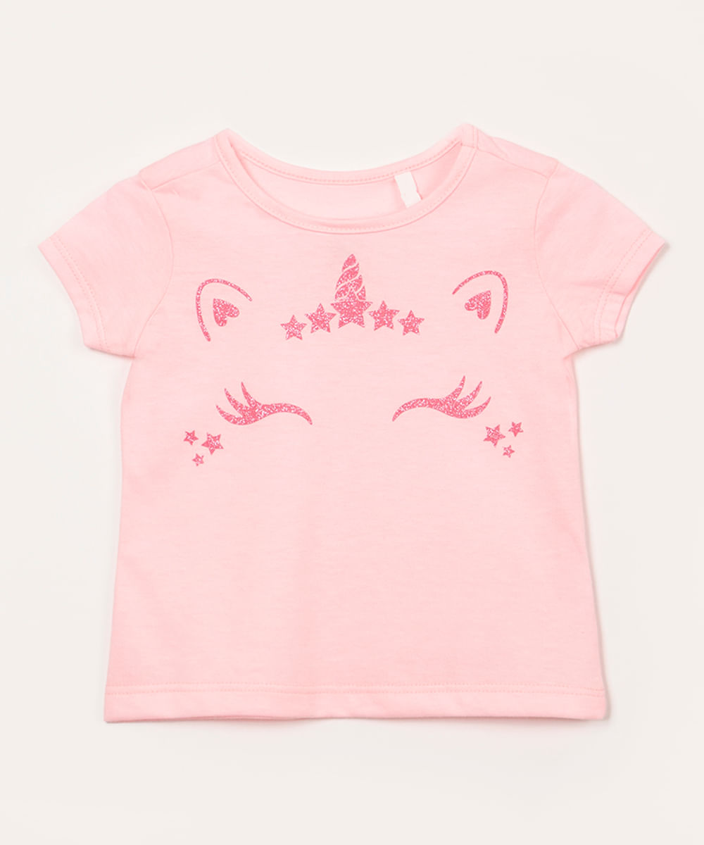 camiseta infantil unicórnio manga curta rosa