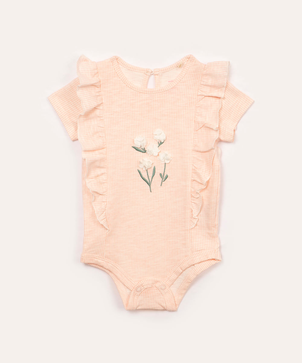 body de algodão infantil listrado floral com babado manga curta rosa