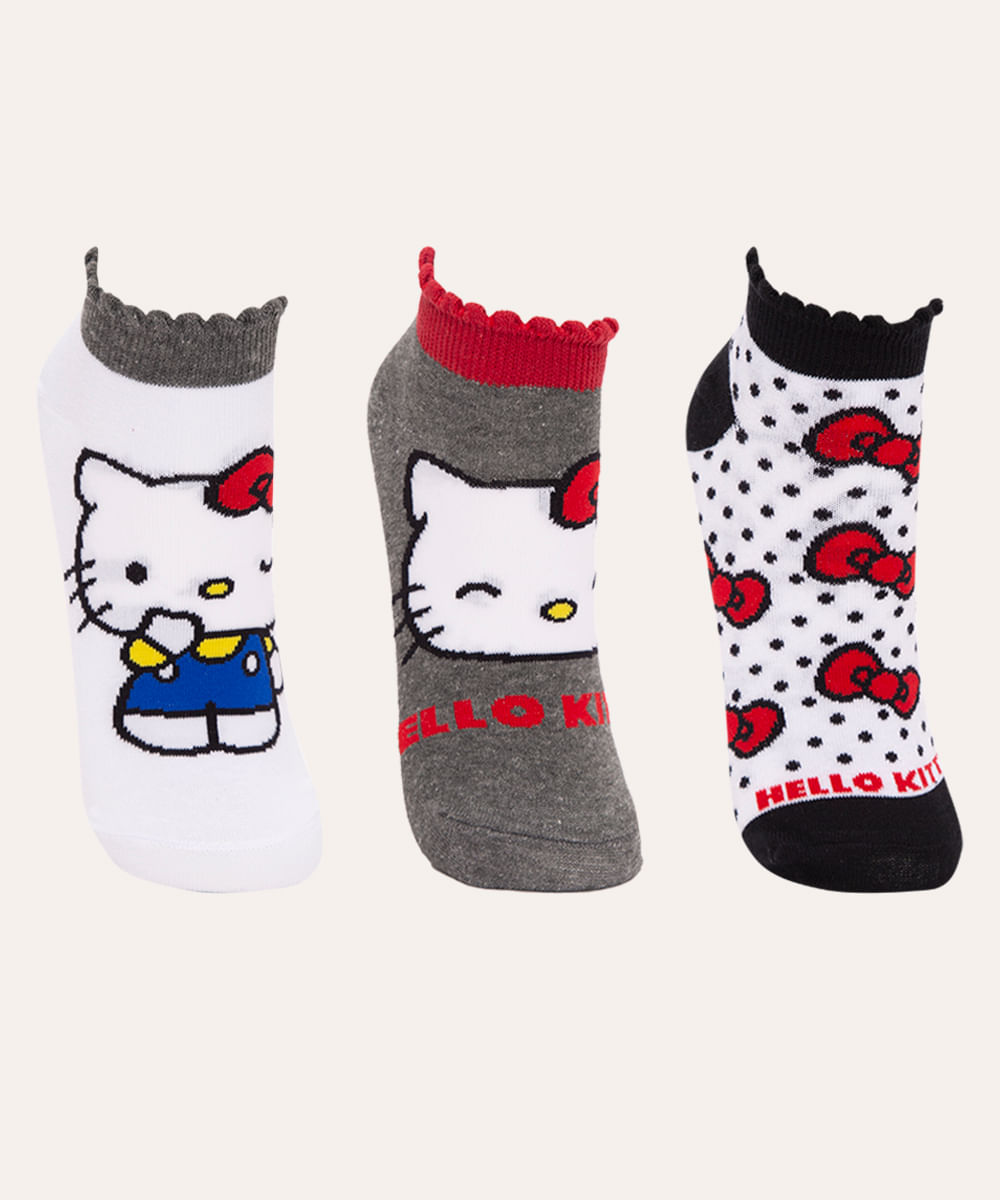 kit de 3 pares de meias cano baixo hello kitty colorido