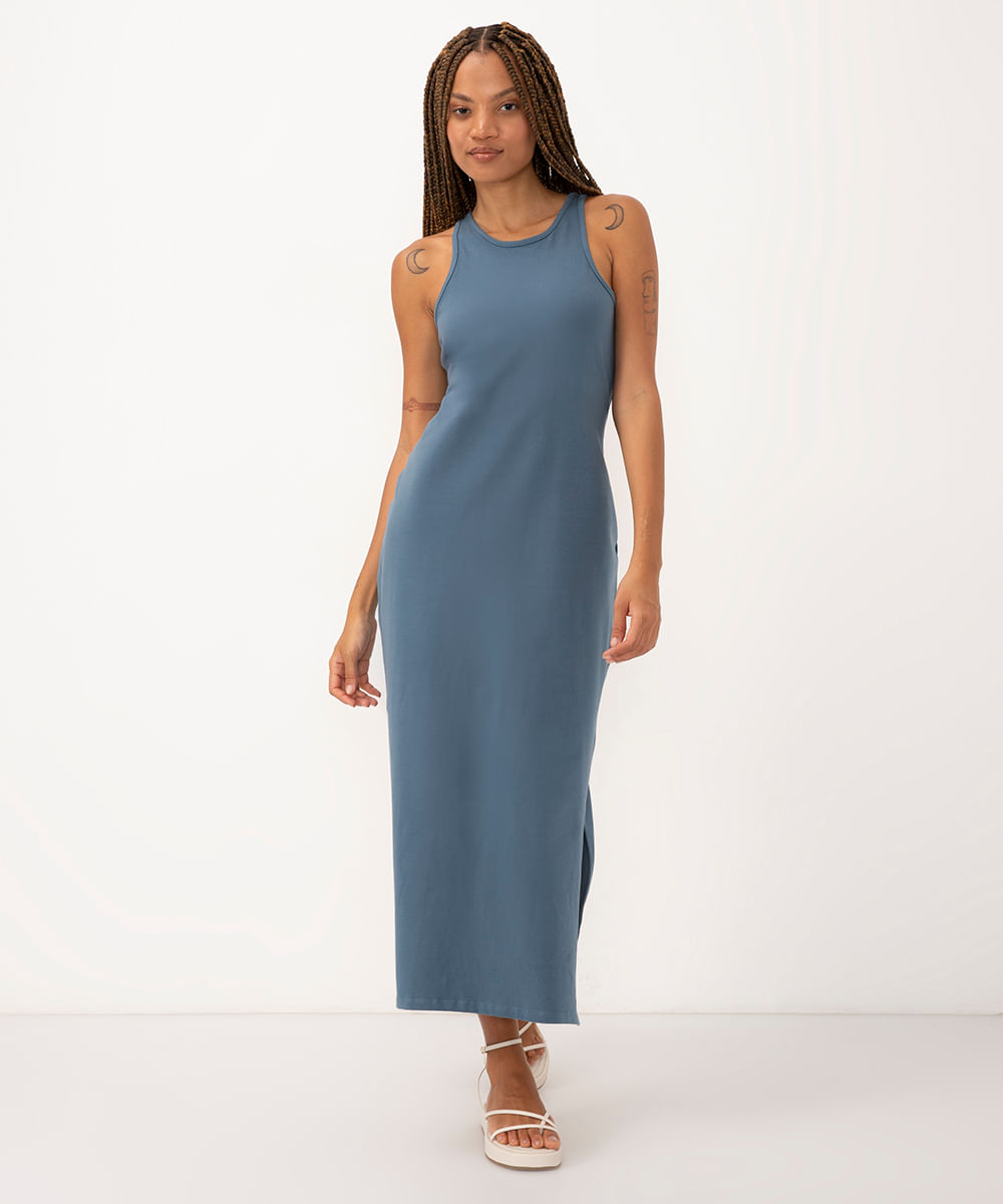 vestido longo de algodão decote nadador azul médio