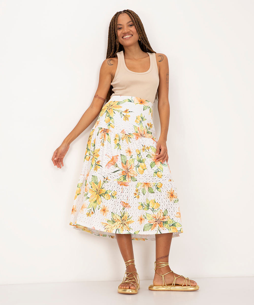 saia midi de laise floral off white