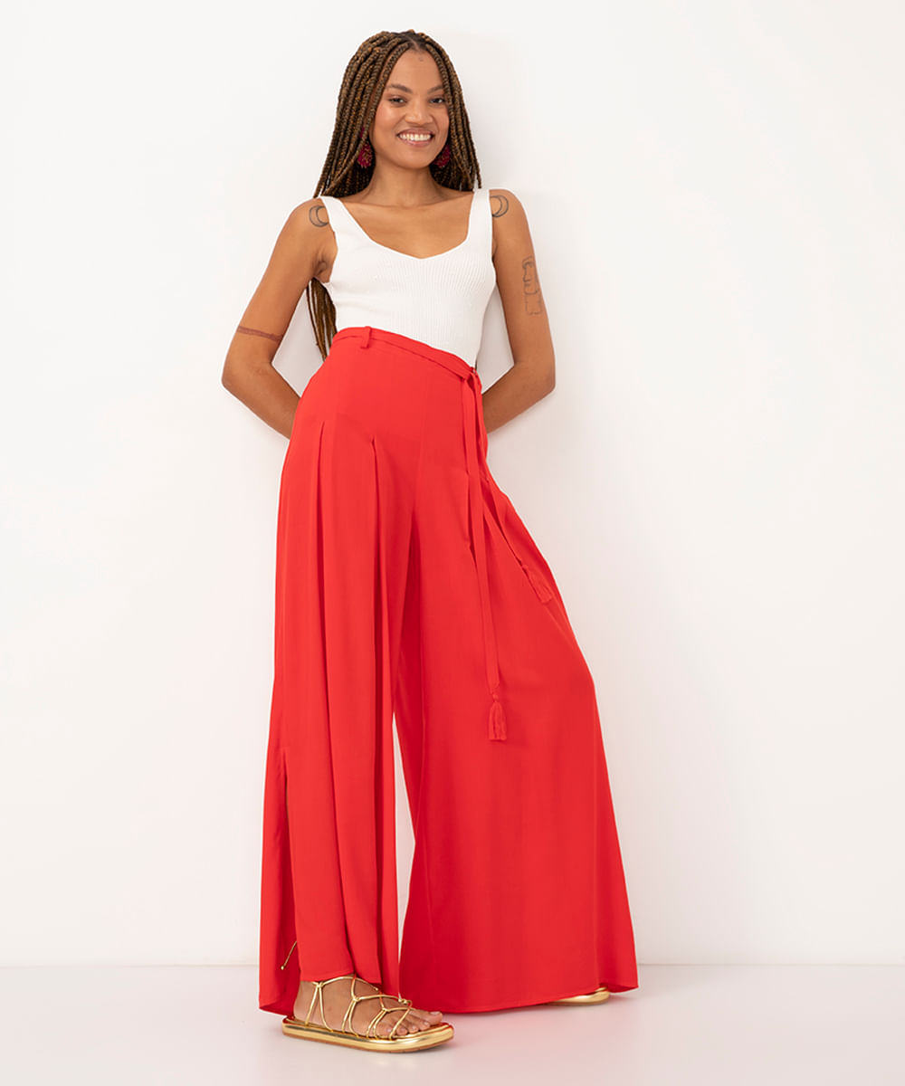 calça pantalona com pregas vermelho