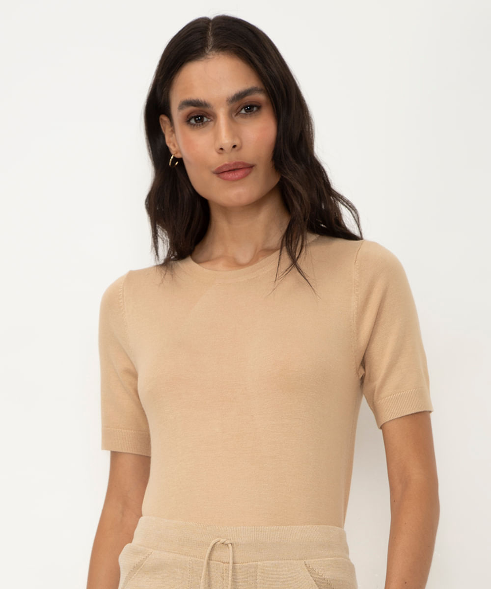 blusa cropped de tricot manga curta vermelho - areia