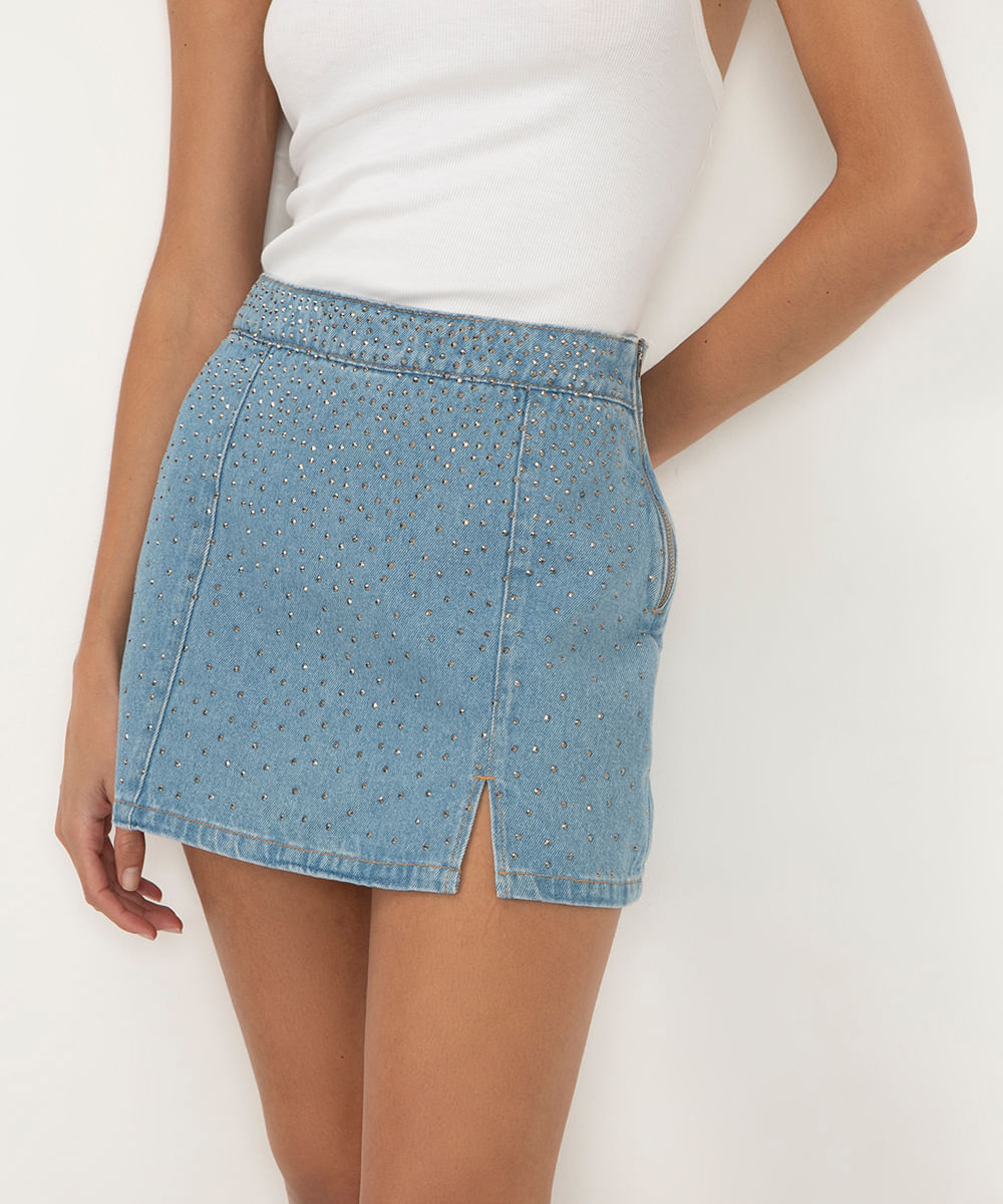 short saia jeans cintura super alta brilhos azul claro