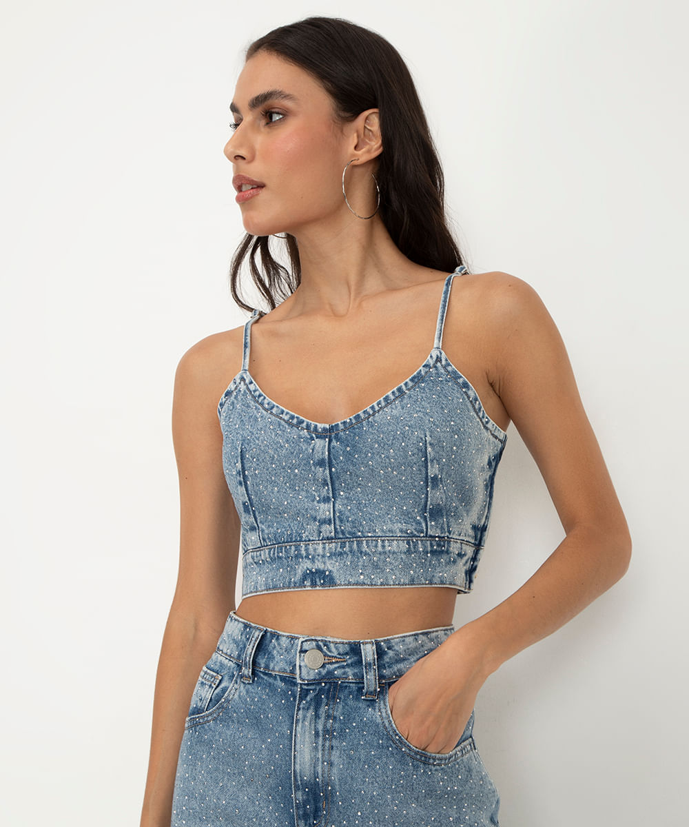 cropped jeans com brilho alça fina azul médio