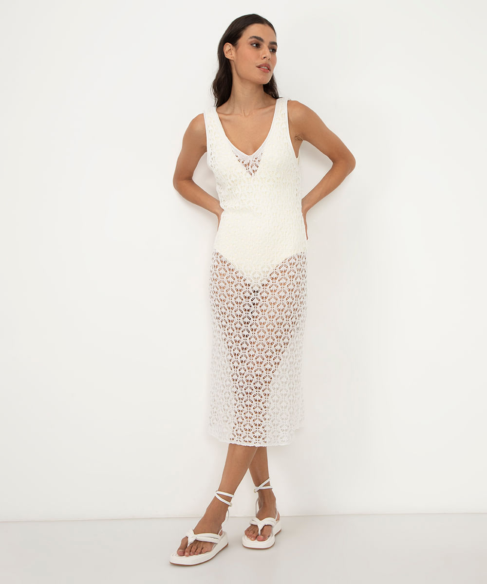 vestido saída de praia midi de renda off white