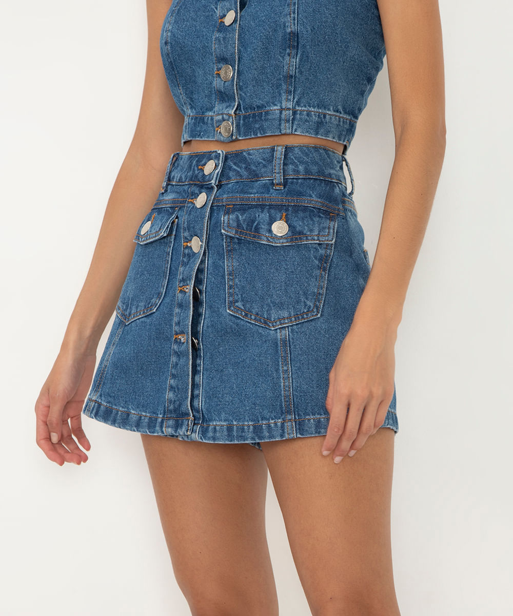 short saia jeans cintura super alta com botões azul médio