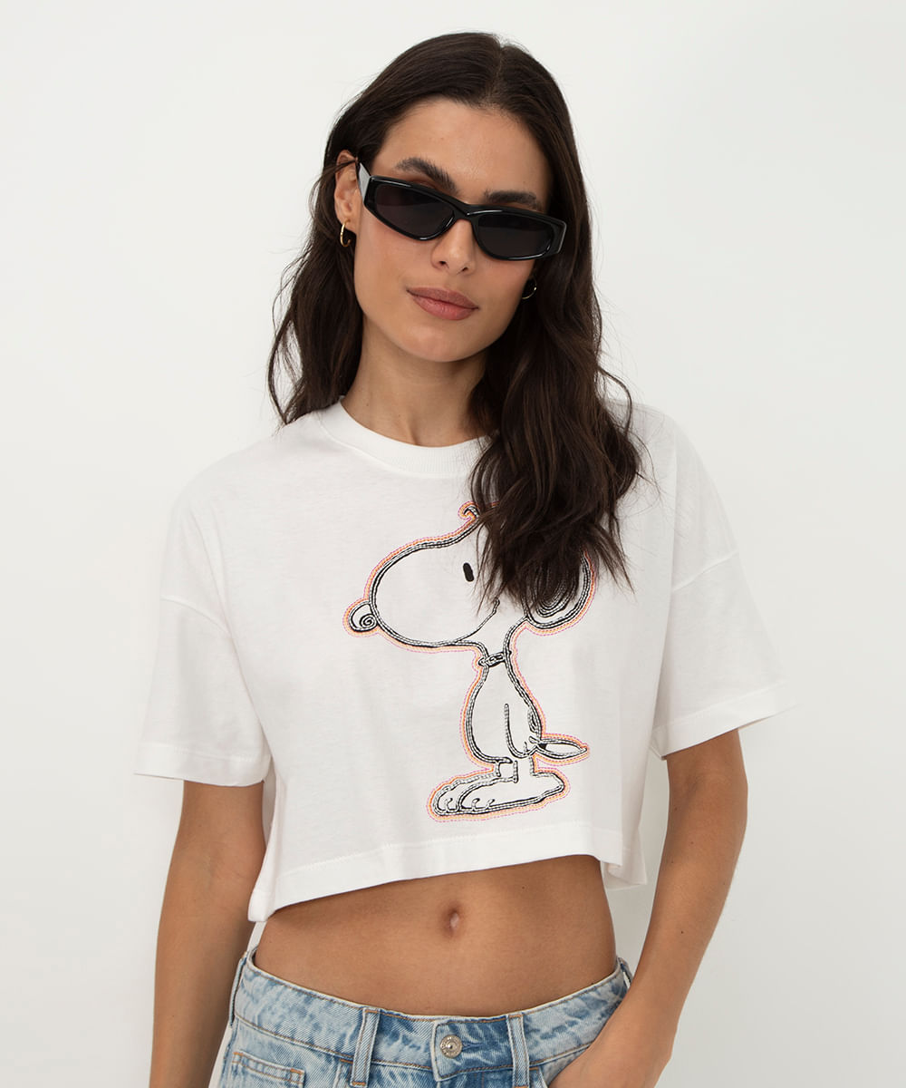 cropped de algodão snoopy manga curta off white