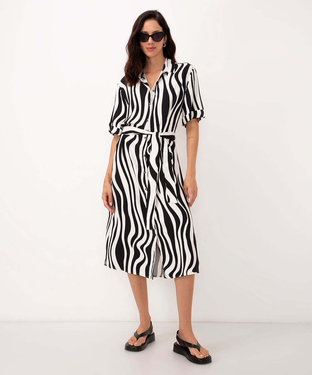 vestido chemise midi animal print manga curta bege claro