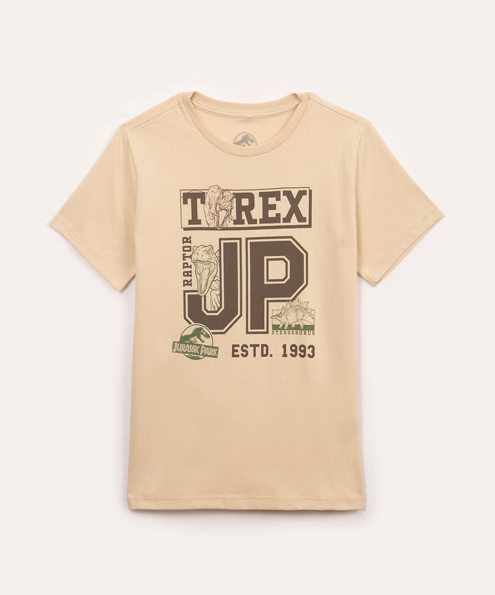 camiseta de algodão infantil jurassic park manga curta bege