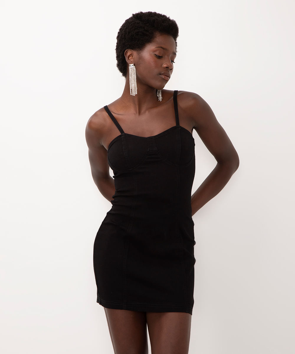 vestido curto corset de sarja sawary preto