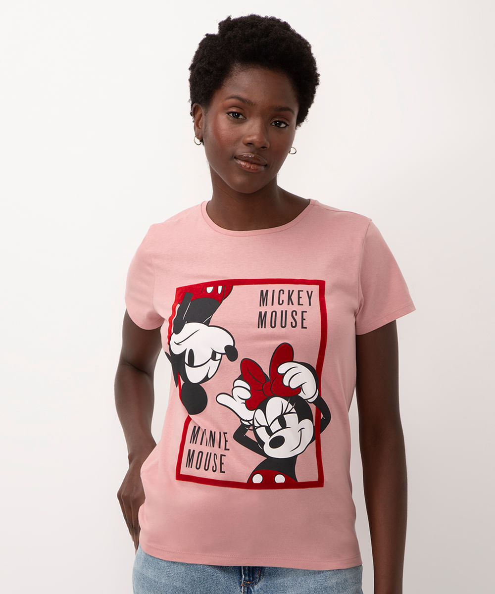 camiseta de algodão mickey e minnie manga curta rosê