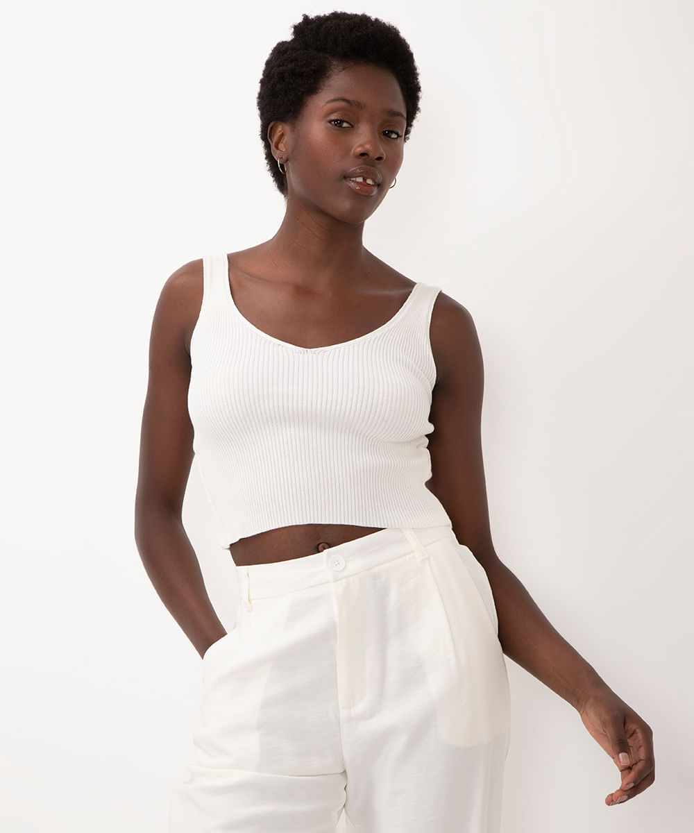 regata de tricot cropped decote v off white