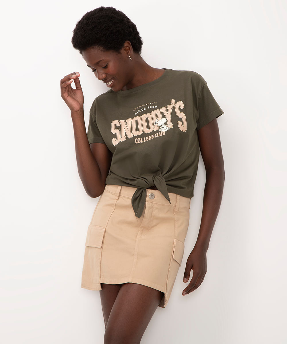 camiseta de algodão laço snoopy college verde militar