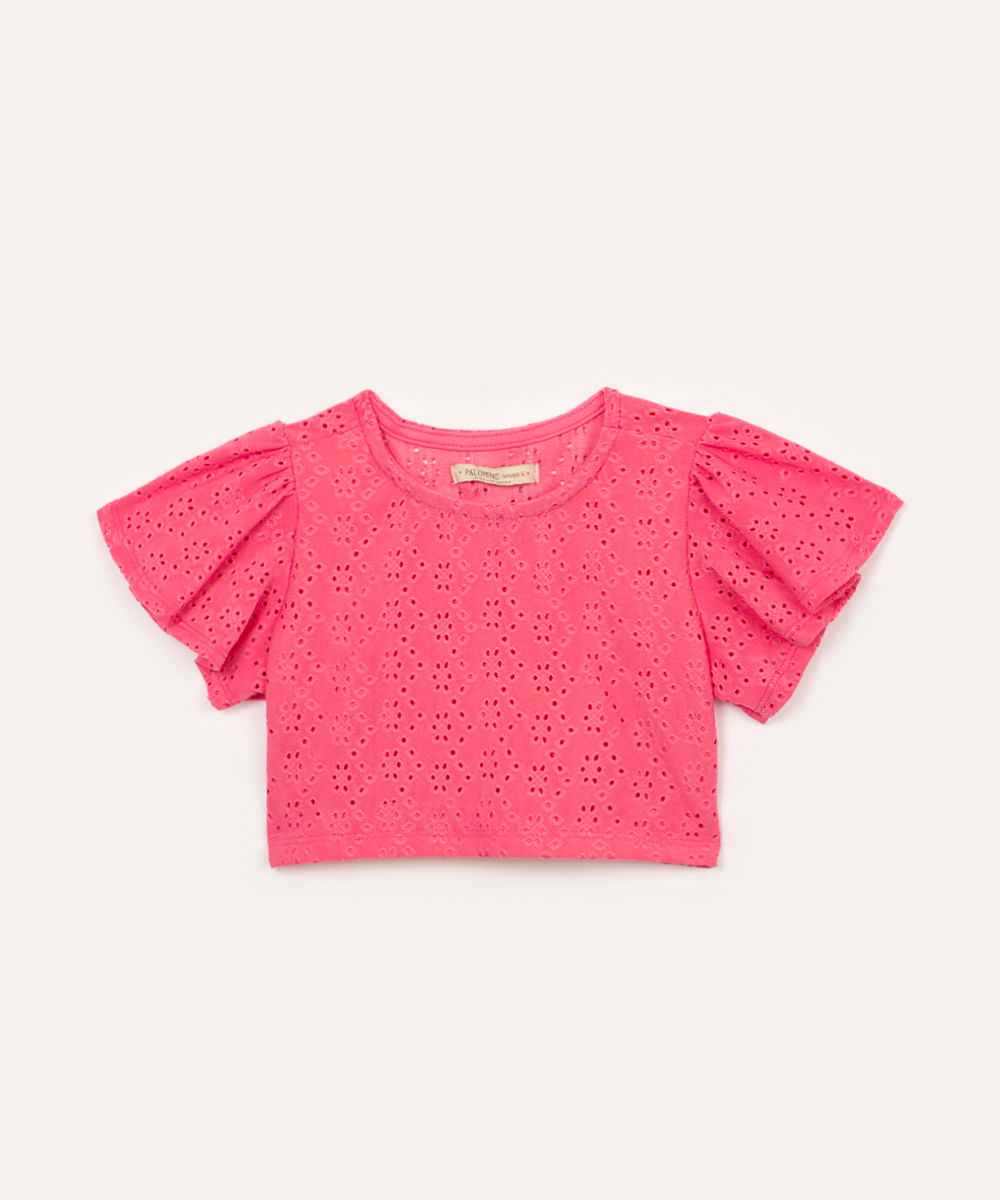 blusa de laise infantil com babado manga curta pink