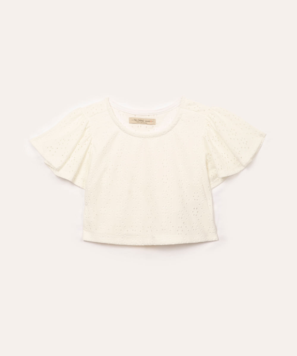 blusa de laise infantil com babado manga curta off white