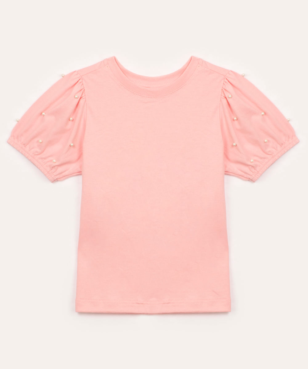 blusa de algodão infantil manga curta bufante com pérolas rosa claro