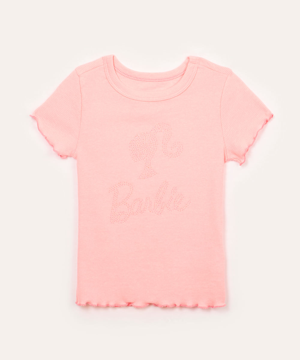 blusa de algodão infantil canelada barbie manga curta rosa