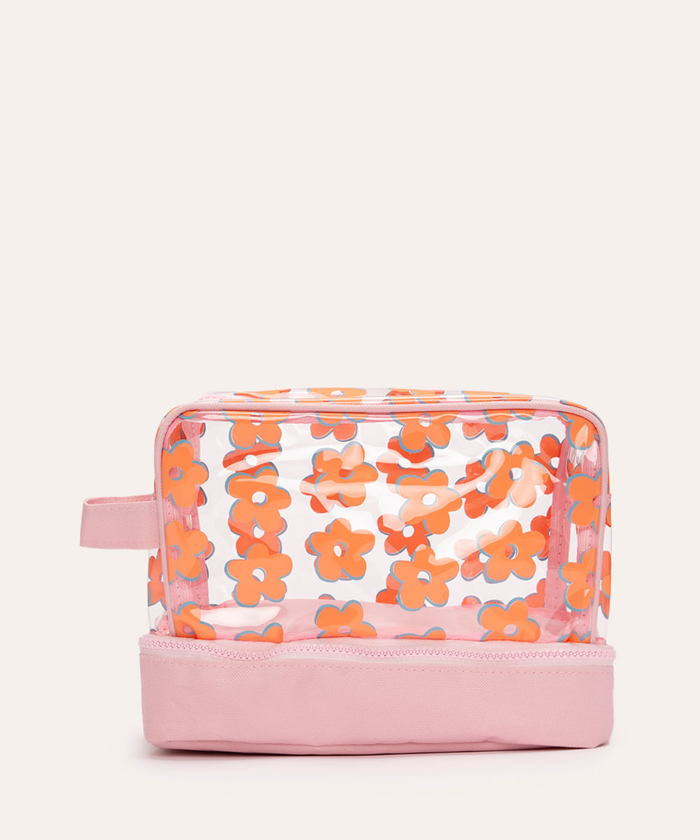 necessaire tijolo floral com divisória e alça rosa claro