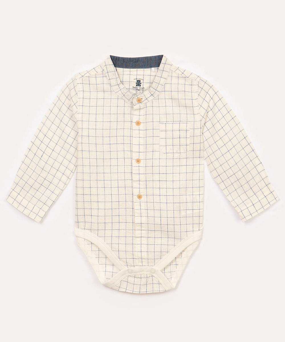 body camisa de algodão infantil xadrez manga longa off white