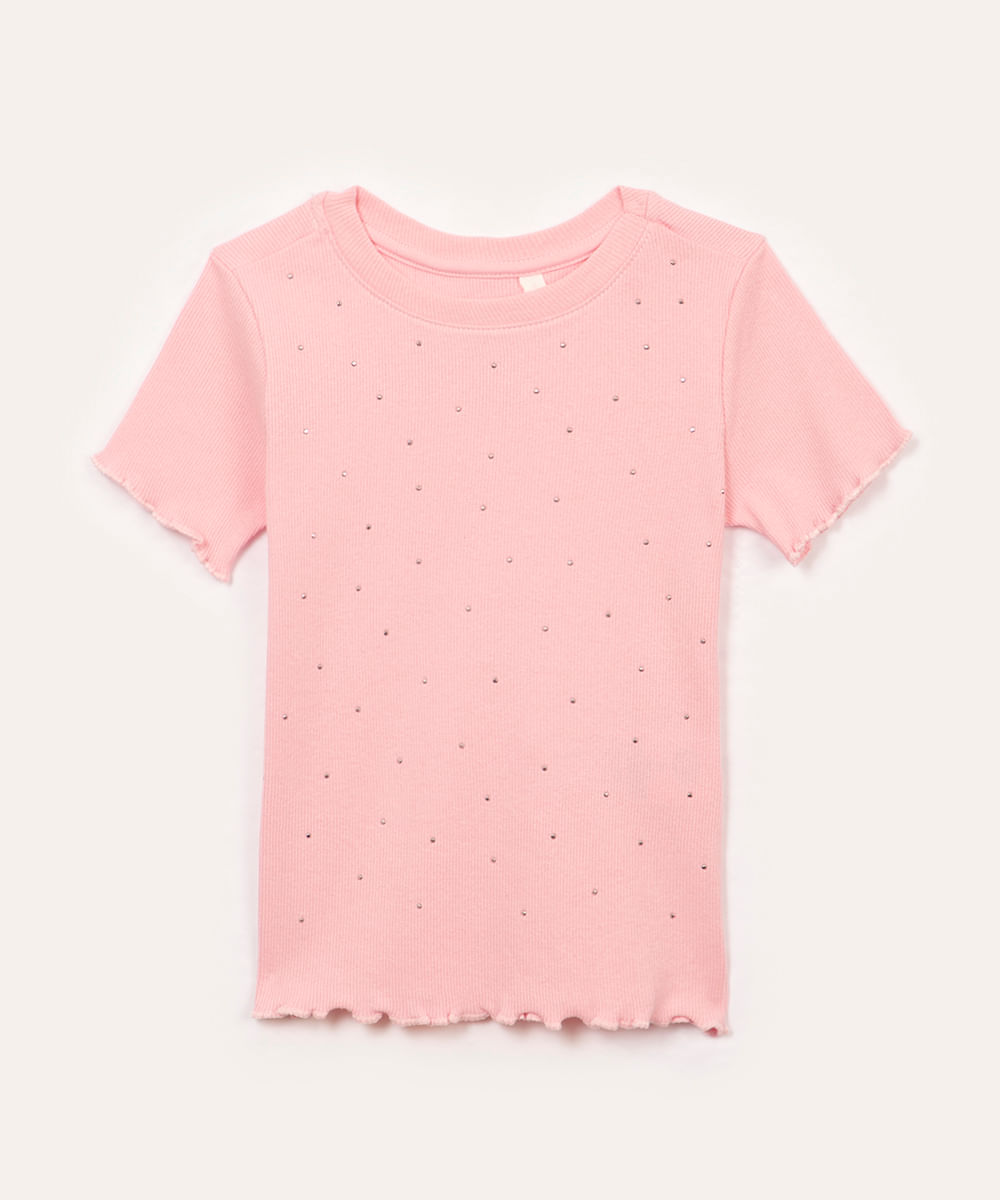 blusa de algodão infantil canelada com brilho rosa claro