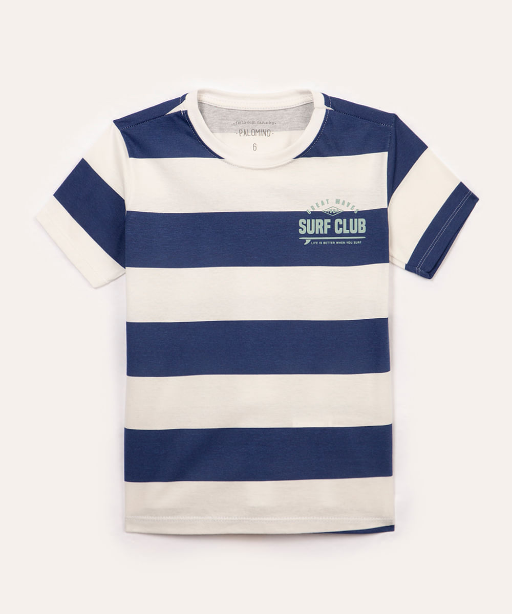 camiseta de algodão infantil listrada surf club manga curta azul