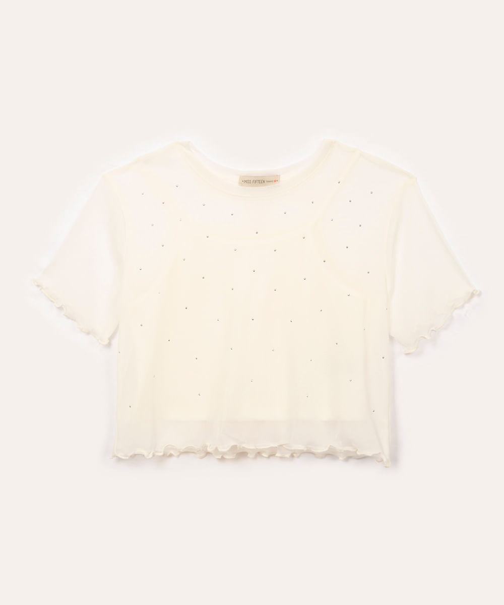 blusa de tule juvenil com brilho manga curta off white