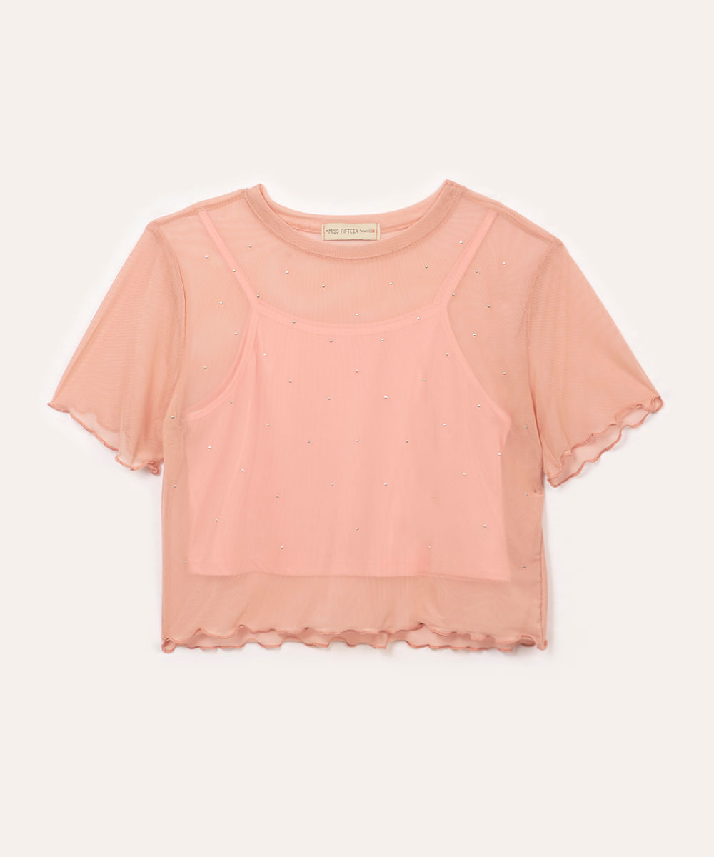 blusa de tule juvenil com brilho manga curta rosa claro